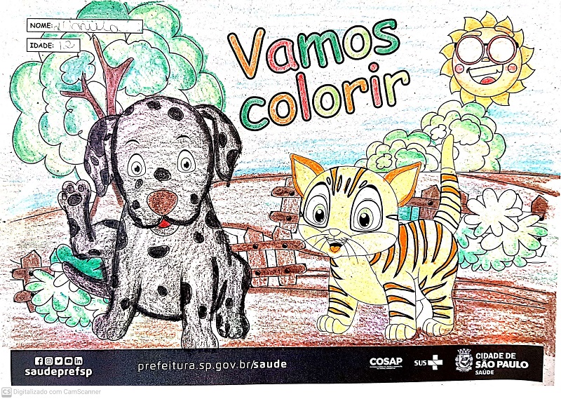 #PraCegoVer: Na imagem contem um desenho colorido de um cão ao lado de um gato. O desenho está colorido com as cores verde, marrom, amarelo, cinza e preto.